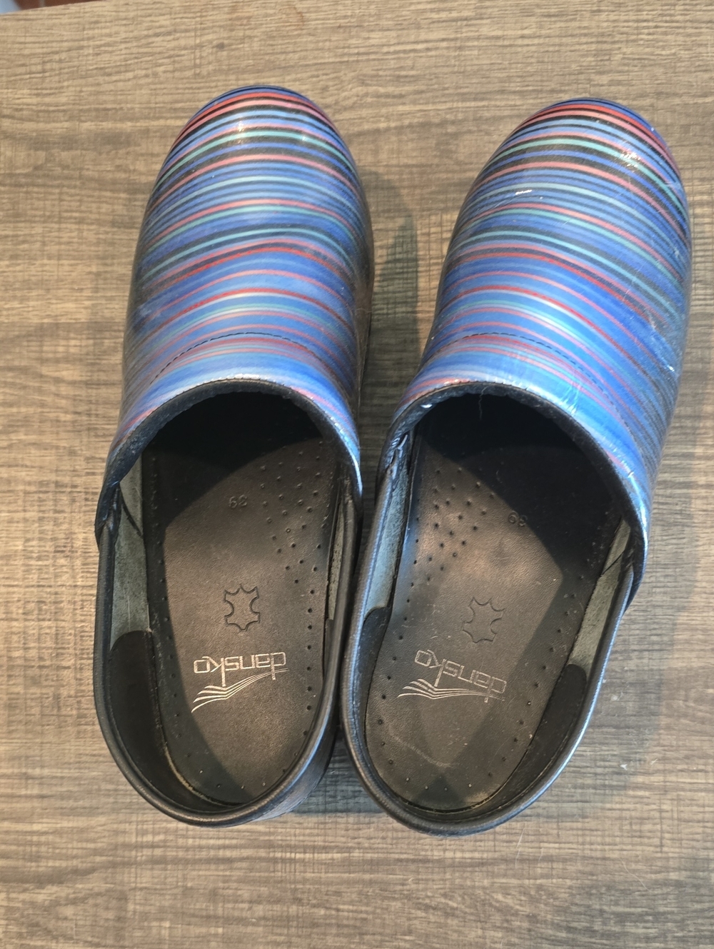 Dansko Blue Striped Leather Clogs